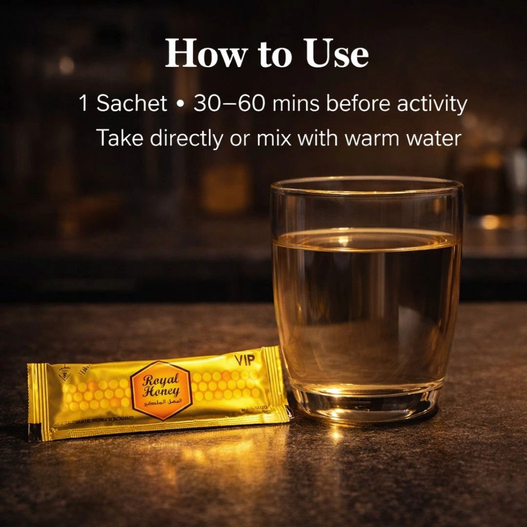 How to use Royal VIP Honey sachet with warm water before activity vitality support - Shopeezy