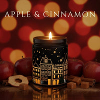 Thumbnail for Apple & Cinnamon candle in a black jar glowing with apples, cinnamon sticks, and festive ingredients in a warm holiday setting, available at Shopeezy.