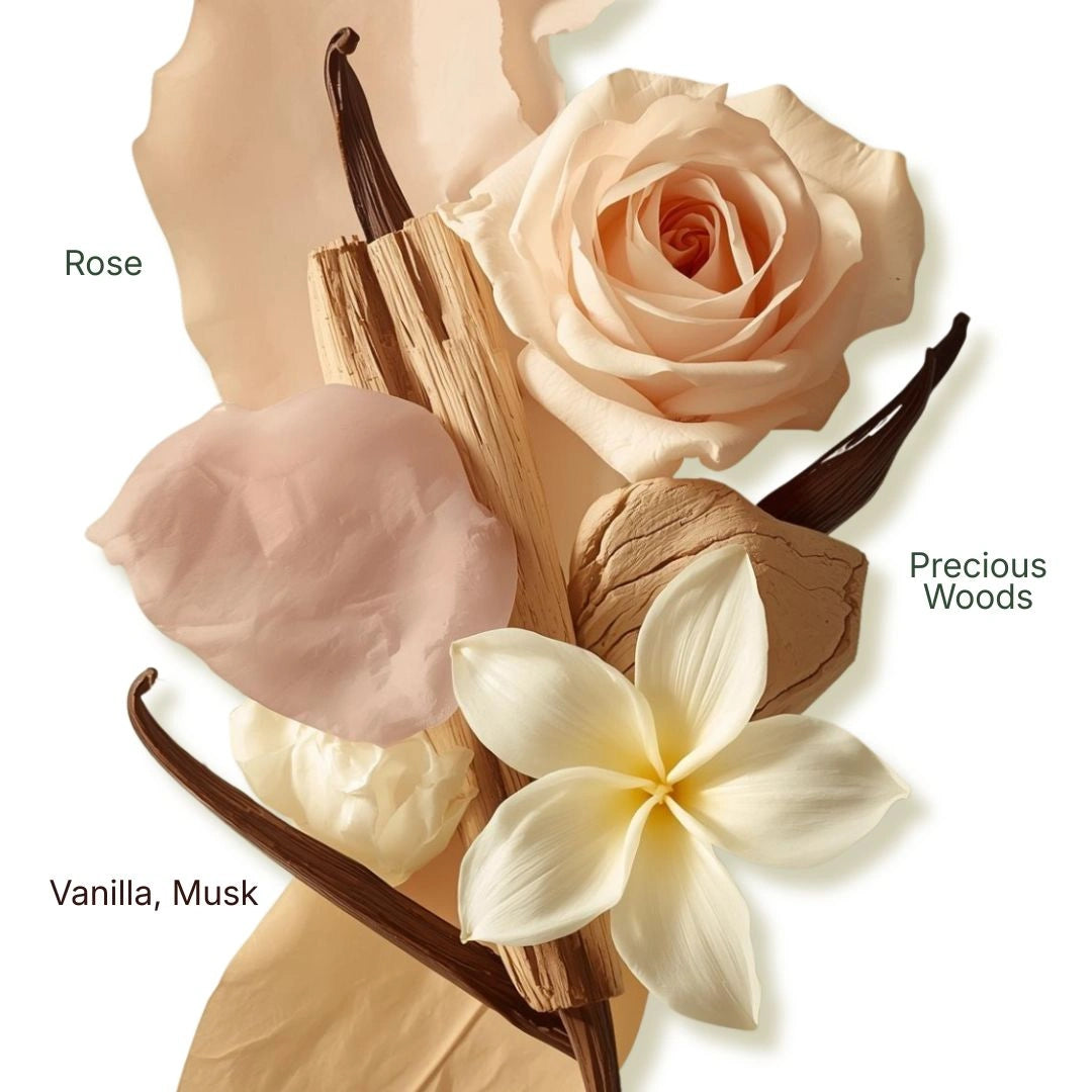 Royal Musk Sweet Powdery fragrance notes featuring rose, vanilla and soft musk, powdery floral perfume flatlay - Shopeezy