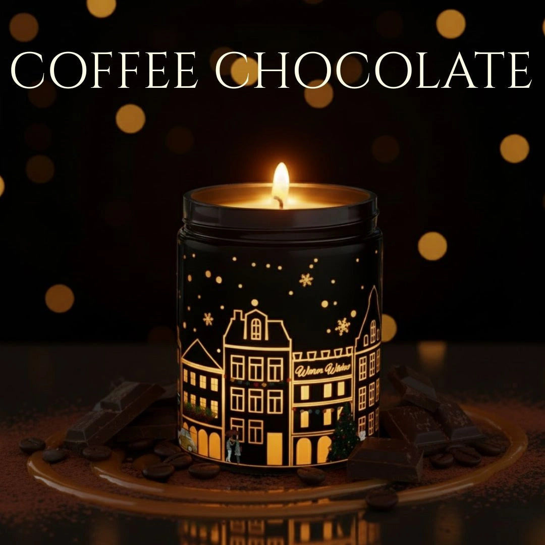 Coffee Chocolate candle in a black jar glowing with coffee beans, chocolate, and café props in a warm festive setting, available at Shopeezy.