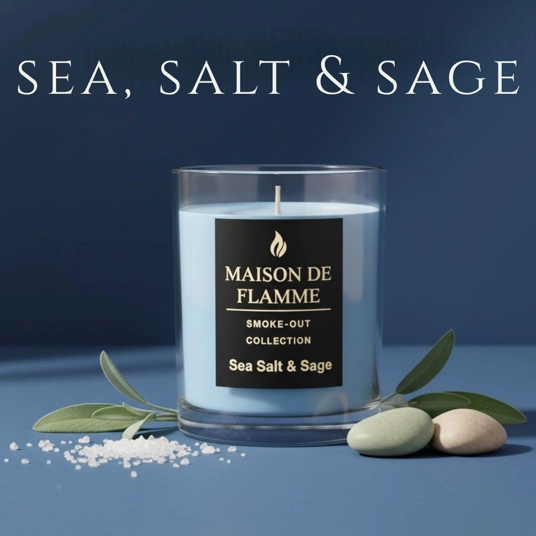 Sea Salt & Sage candle styled with sea salt, sage leaves, and green olives, ocean-inspired aesthetic