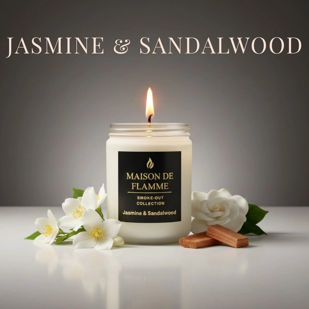 Candle labeled 'Maison de Flamme' with jasmine and sandalwood flowers on a neutral background