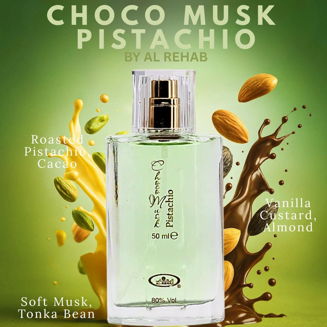 Al Rehab Choco Musk Pistachio gourmand perfume inspired by creamy chocolate and roasted pistachio notes - Shopeezy