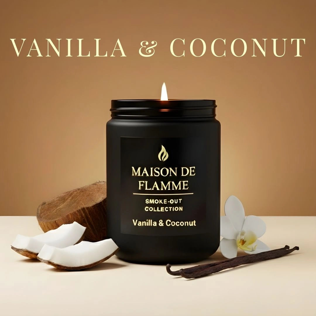 Maison De Flamme Vanilla & Coconut candle — sweet vanilla and coconut soy wax candle.