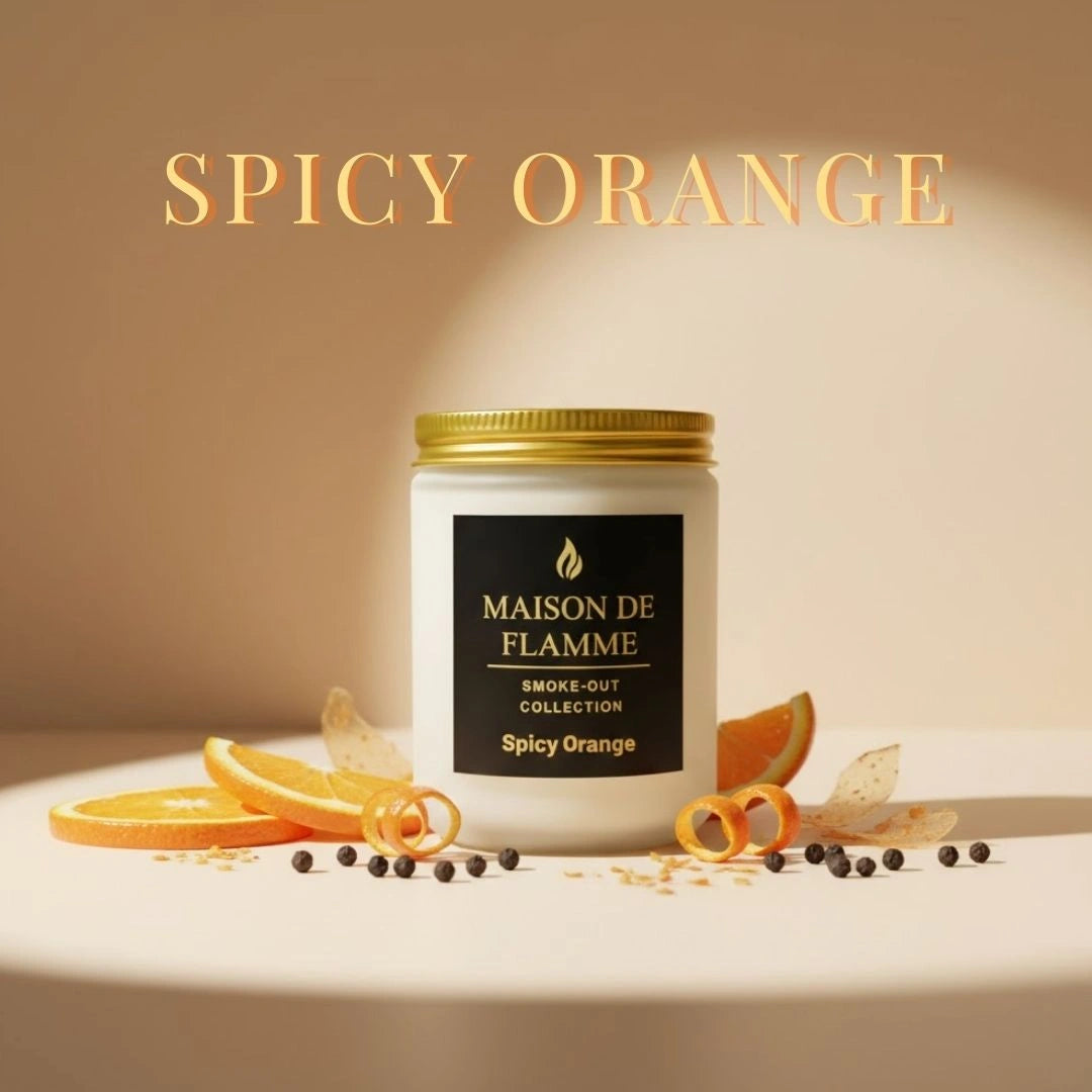 Maison De Flamme Spicy Orange candle styled with cinnamon sticks and dried oranges — festive citrus and spice scented candle.