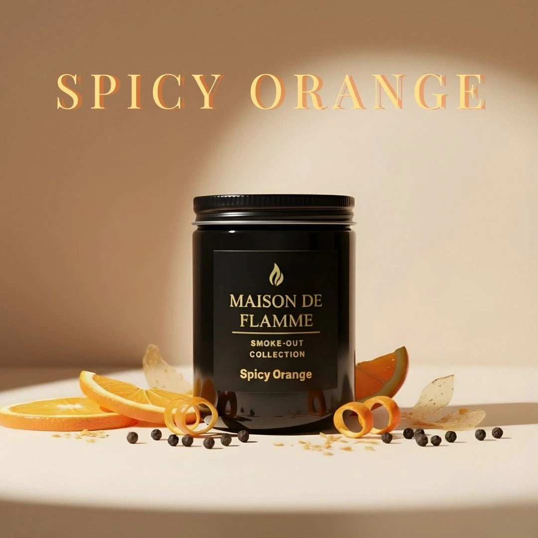 Black Spicy Orange candle with orange slices and dried spices — vibrant citrus and spicy fragrance notes.