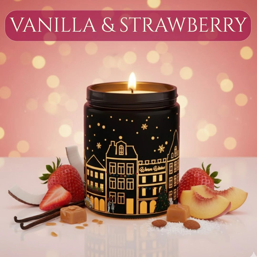 Vanilla & Strawberry candle in a black jar glowing with strawberries, vanilla cream, and dessert elements in a warm festive setting, available at Shopeezy.