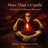 Thumbnail for Decorative skeleton candle centerpiece with deep red wax, gothic Halloween home decor statement piece, sculptural novelty candle with warm flame glow