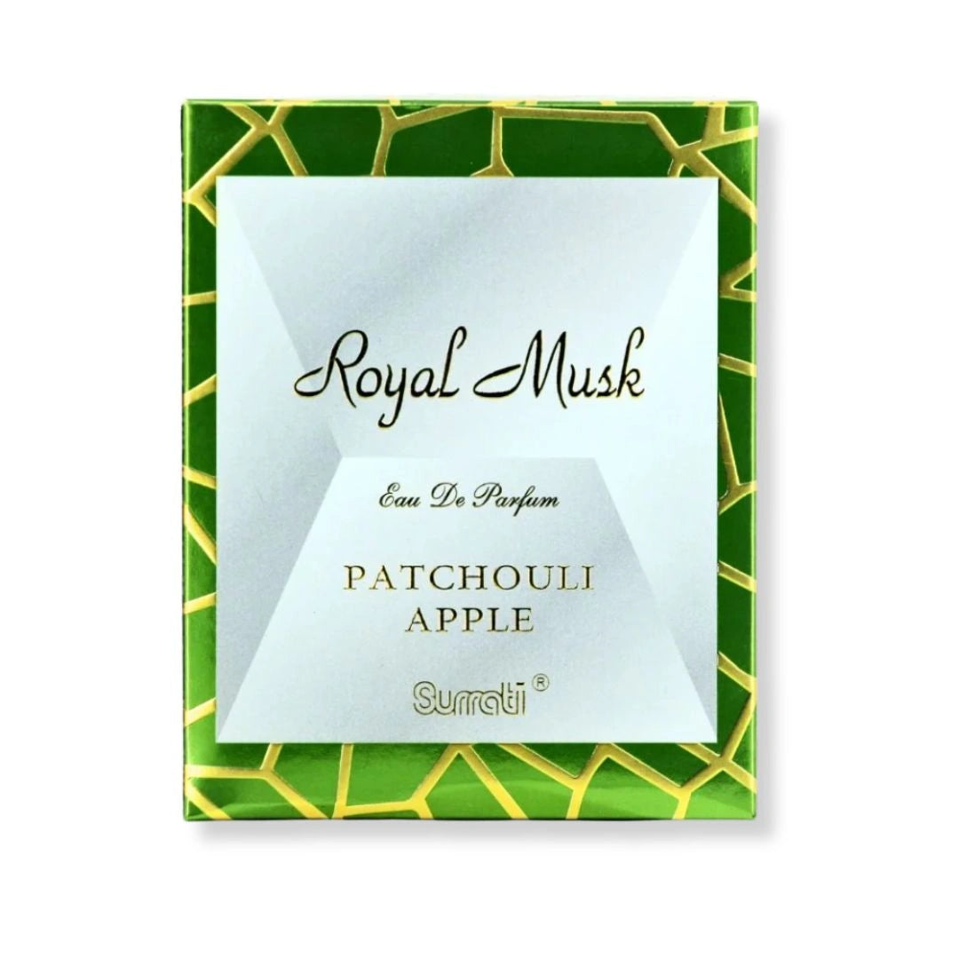 Royal Musk Patchouli Apple perfume box by Surrati, elegant Arabian fragrance packaging with gold and green design - Shopeezy