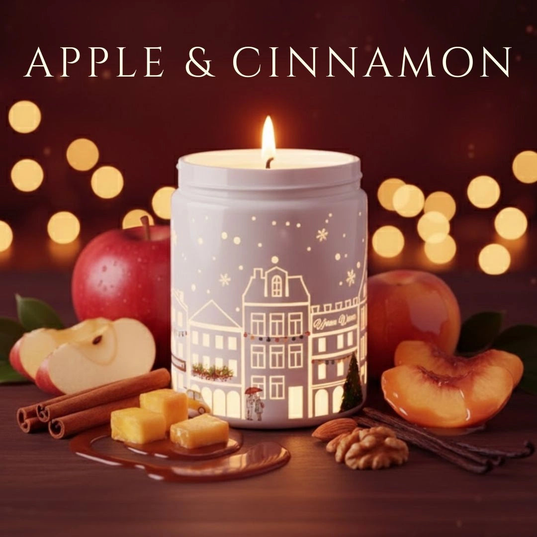 Apple & Cinnamon candle glowing with apples, cinnamon sticks, and festive ingredients in a warm holiday setting, available at Shopeezy.