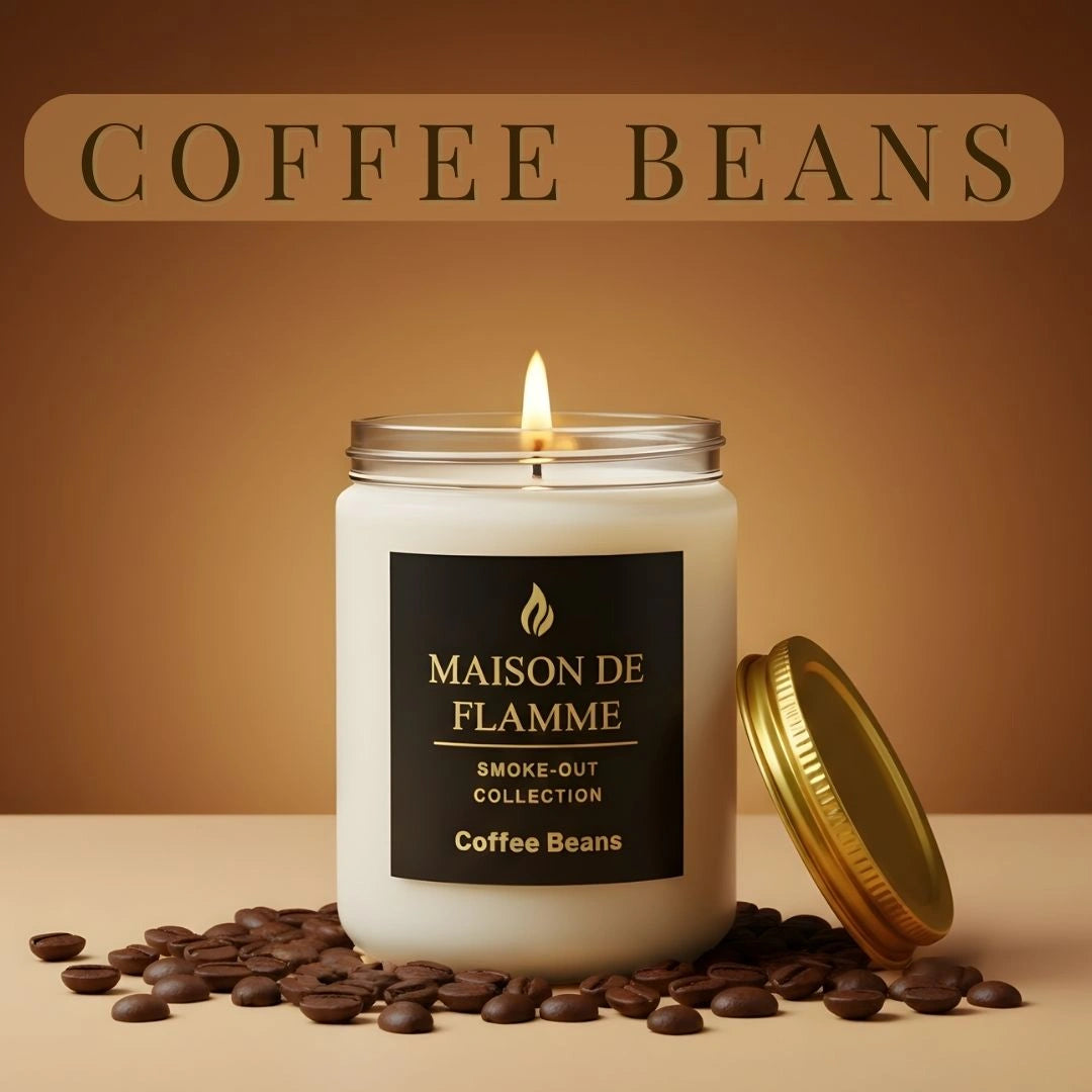 Coffee Beans candle surrounded by roasted coffee beans, vanilla flower, and caramel imagery — coffee caramel fragrance notes.