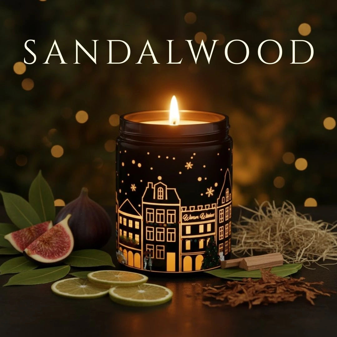 Sandalwood candle glowing with figs, cedarwood, and warm festive décor – rich earthy fragrance, available at Shopeezy. Black Jar.