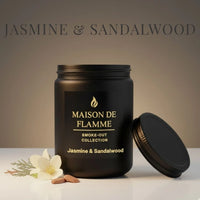Thumbnail for Black Jasmine & Sandalwood candle with white jasmine petals — floral and sandalwood fragrance notes.