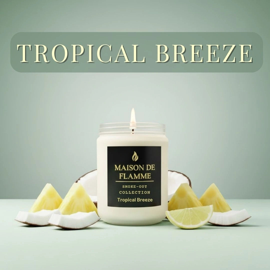 Tropical Breeze candle with lemon slices and tropical fruit styling — bright citrus and tropical aroma candle.