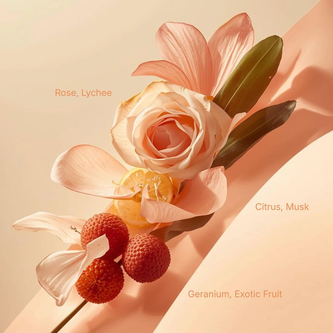 Royal Musk Lychee Rose fragrance notes featuring lychee fruit and rose petals, floral fruity luxury perfume flatlay  - Shopeezy