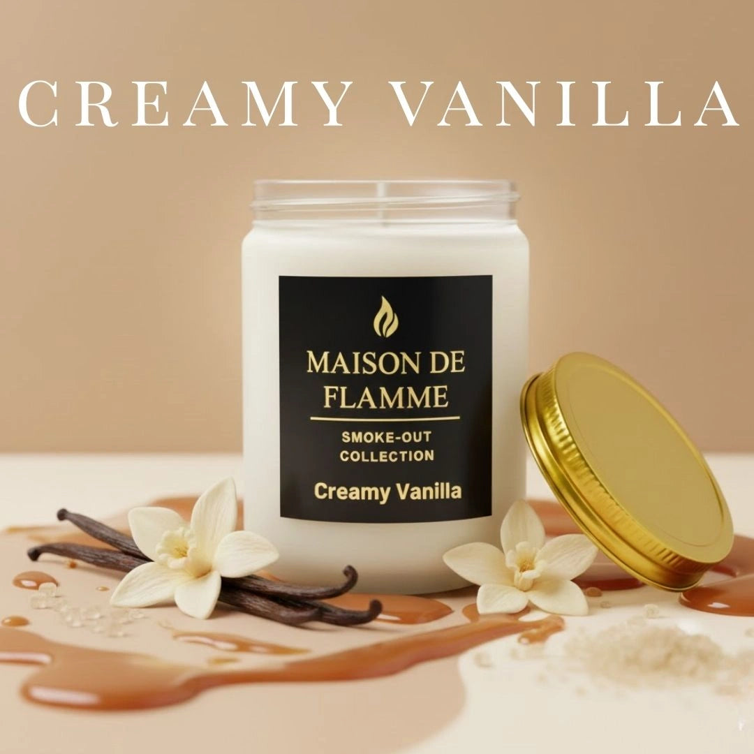 White Creamy Vanilla candle surrounded by vanilla pods, whipped vanilla cream, and caramel drizzle — creamy vanilla fragrance notes.