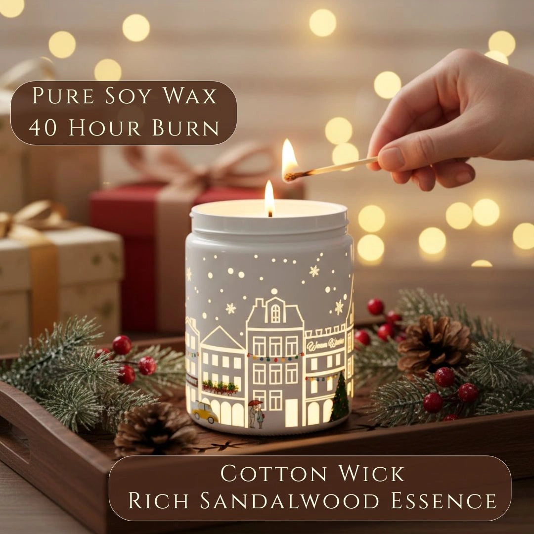 Premium soy wax, cotton wick, 40-hour burn time highlighted on Sandalwood scented candle in holiday setting, available at Shopeezy.