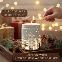 Thumbnail for Premium soy wax, cotton wick, 40-hour burn time highlighted on Sandalwood scented candle in holiday setting, available at Shopeezy.