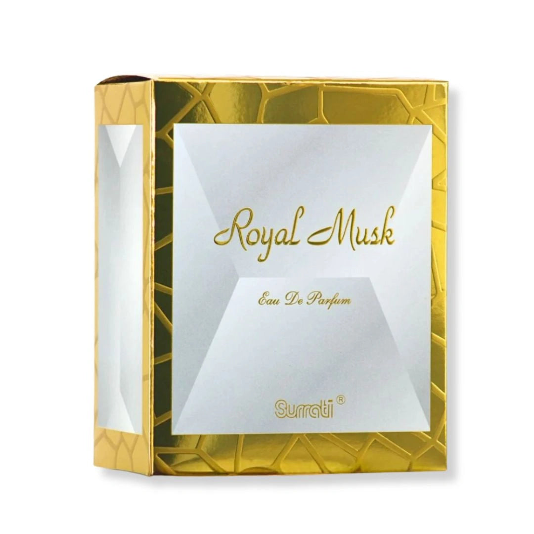 Royal Musk White Musk perfume box by Surrati, luxury Arabian fragrance packaging with gold and white design - Shopeezy