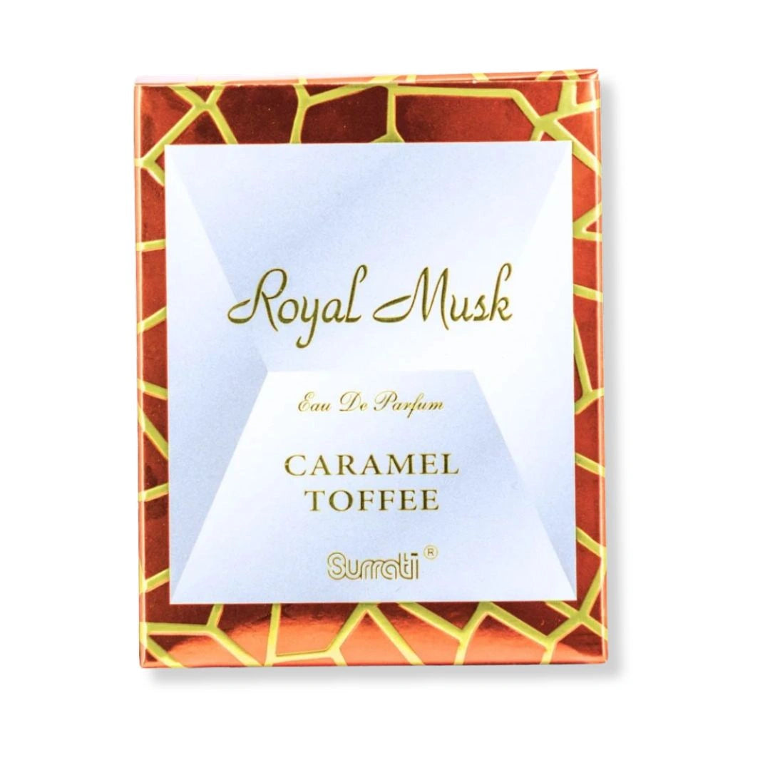 Royal Musk Caramel Toffee perfume box by Surrati, luxury Arabian fragrance packaging with gold and caramel tones - Shopeezy