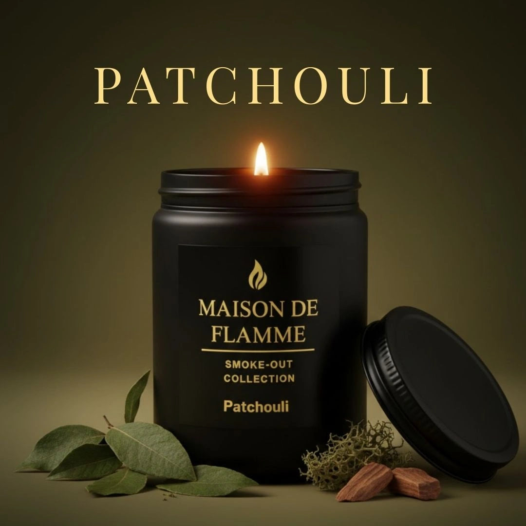 Patchouli candle with natural leaves, woods, and earthy texture imagery — deep patchouli fragrance notes.