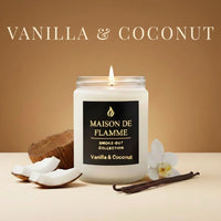 Thumbnail for Maison De Flamme Vanilla & Coconut candle placed on a wooden tray with cozy accessories, lit to show warm ambient glow.
