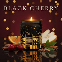 Thumbnail for Black Cherry scented black candle glowing with cherries, pears, and cinnamon props – warm fruity holiday aroma, available at Shopeezy.