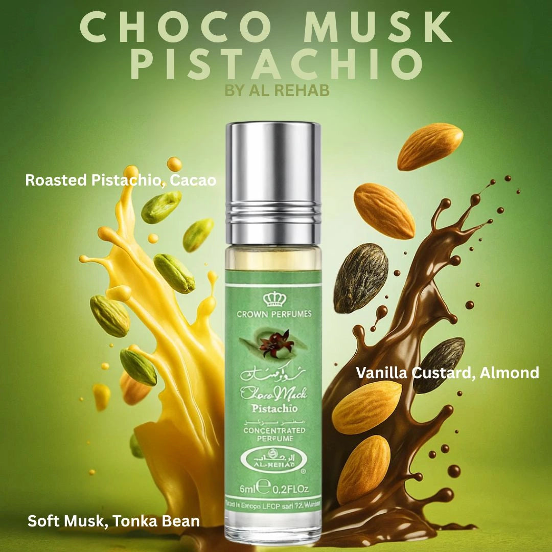 Al Rehab Choco Musk Pistachio roll-on perfume oil 6ml with creamy chocolate and nutty pistachio notes - Shopeezy