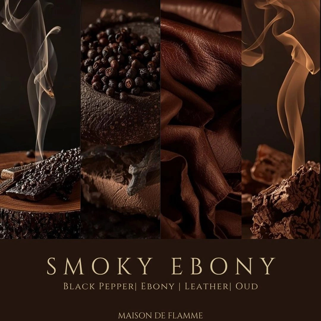 Smoky Ebony fragrance notes image featuring black pepper, ebony wood, leather, and oud.