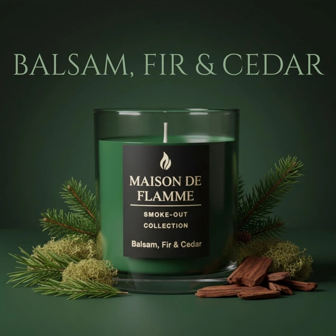 Balsam, Fir & Cedar candle styled with evergreen branches and pinecones, clean forest-inspired aesthetic.