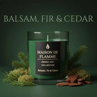 Thumbnail for Balsam, Fir & Cedar candle styled with evergreen branches and pinecones, clean forest-inspired aesthetic.