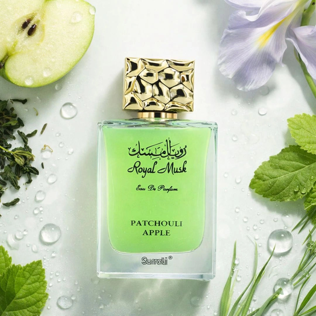 Royal Musk Patchouli Apple perfume bottle with green apple and leaves, fresh woody musky unisex fragrance - Shopeezy