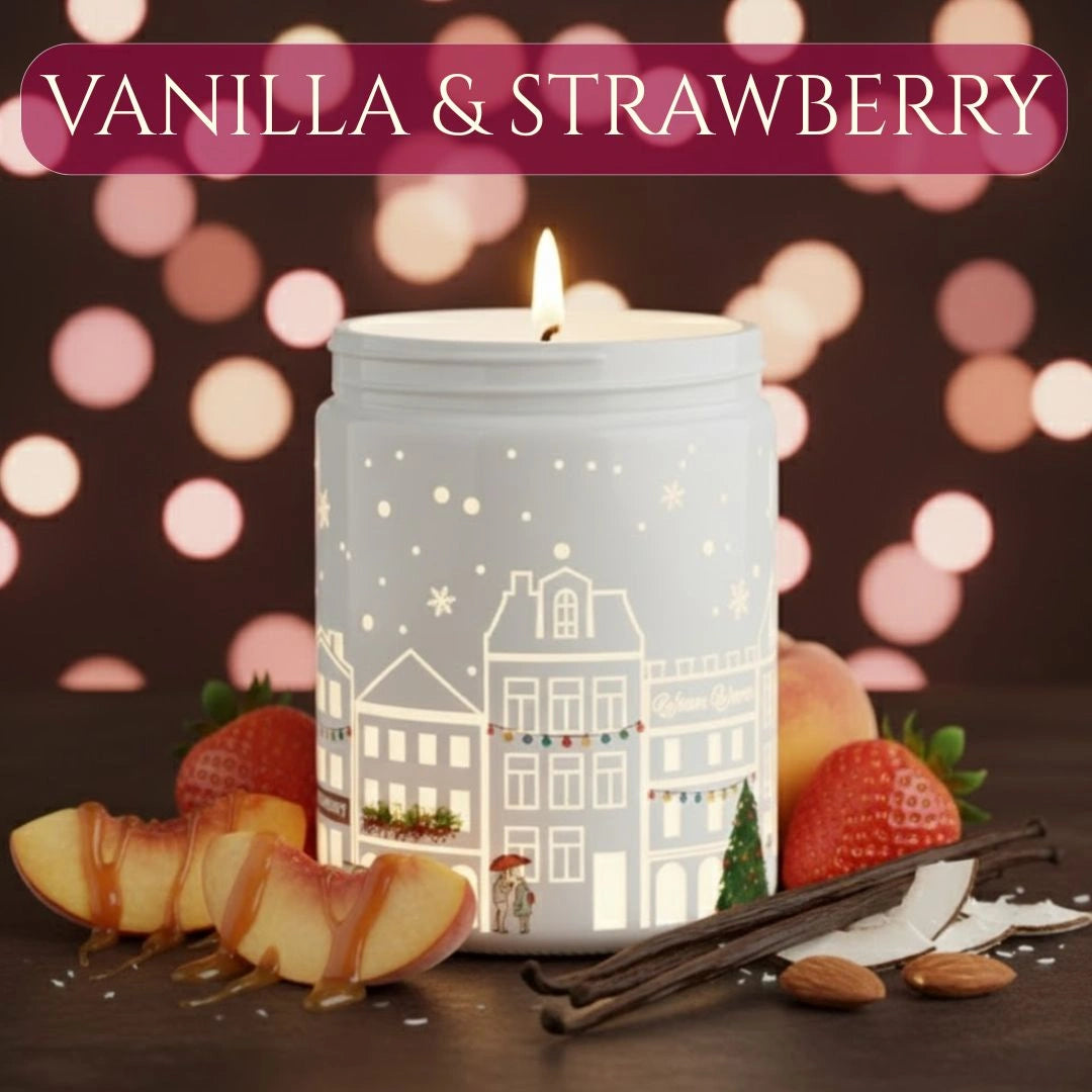 Vanilla & Strawberry candle glowing with strawberries, vanilla cream, and dessert elements in a warm festive setting, available at Shopeezy.