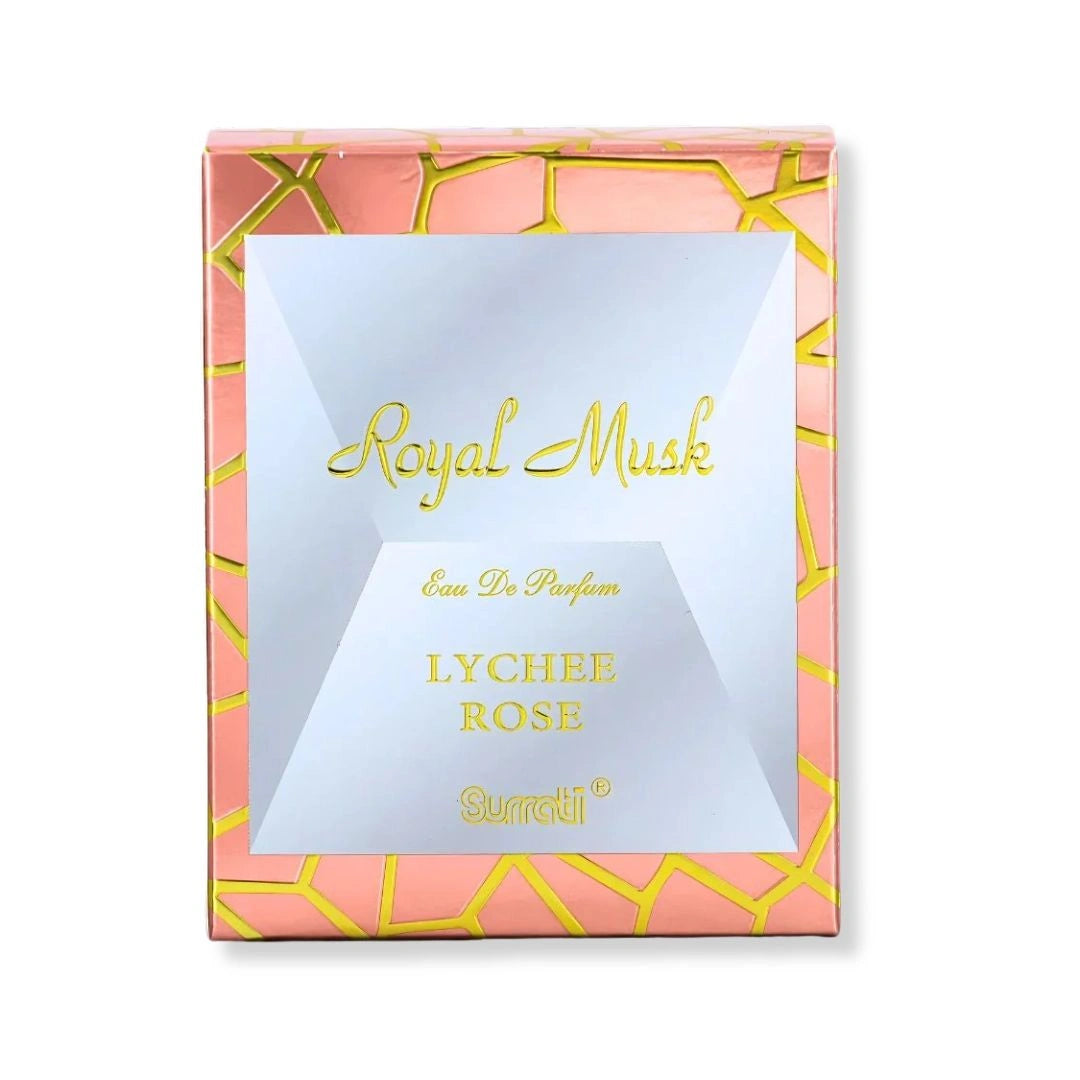 Royal Musk Lychee Rose perfume box by Surrati, luxury Arabian fragrance packaging with gold and peach design  - Shopeezy