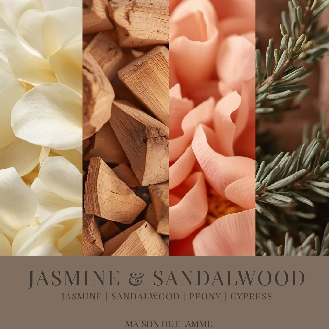 Collage of jasmine, sandalwood, peony, and cypress with 'Jasmine & Sandalwood' text at the bottom. - Shopeezy