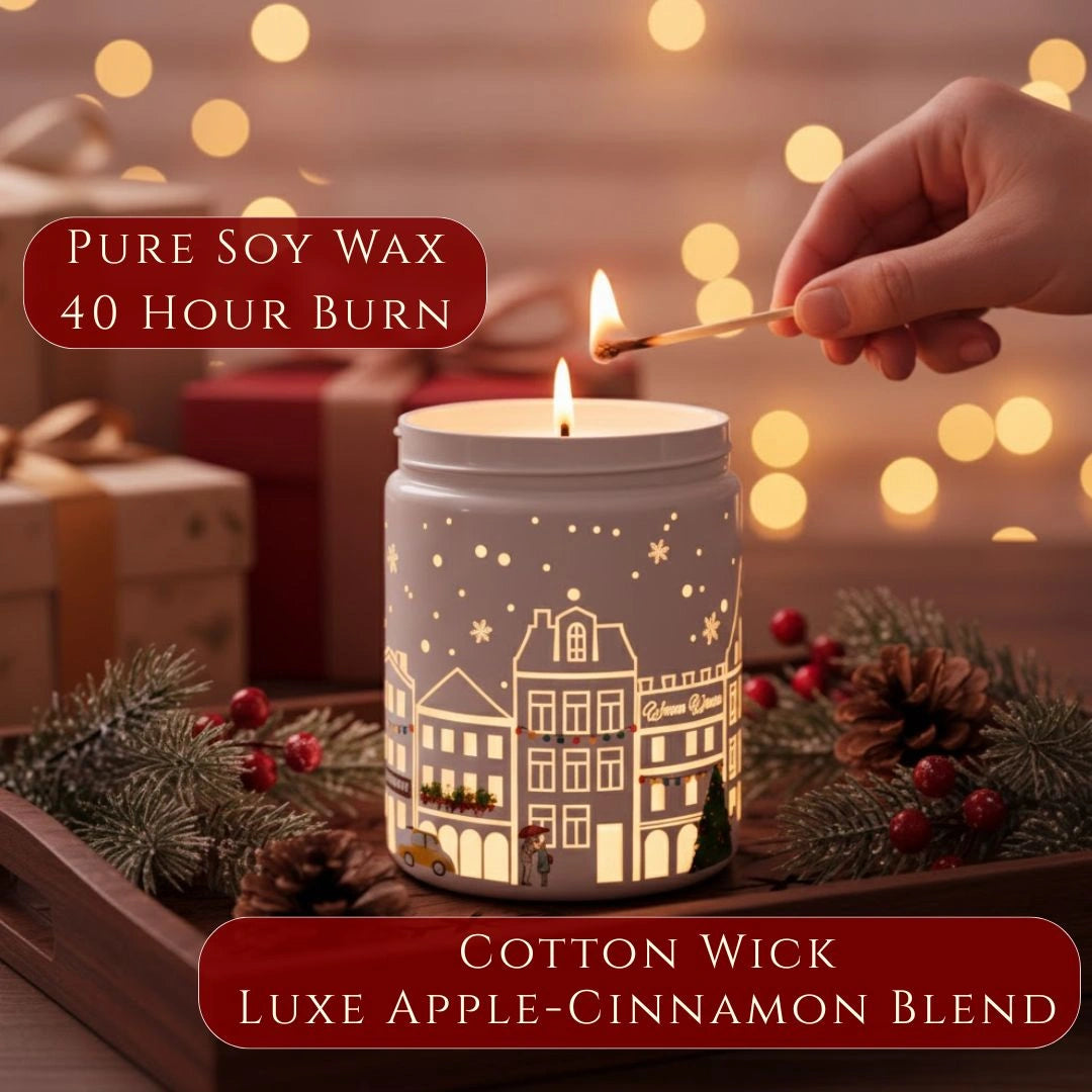 Premium soy wax, cotton wick, 40-hour burn time displayed on Apple & Cinnamon light-up scented candle, available at Shopeezy.