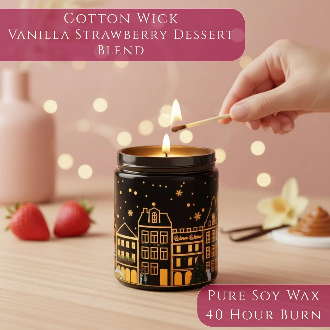 Premium soy wax, cotton wick, 40-hour burn time shown on Vanilla & Strawberry light-up scented candle in black jar, available at Shopeezy.