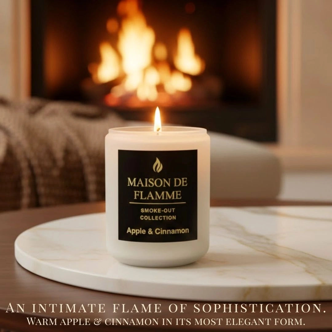 Lifestyle image of Apple & Cinnamon scented candle near fireplace — cozy home fragrance for fall and winter.