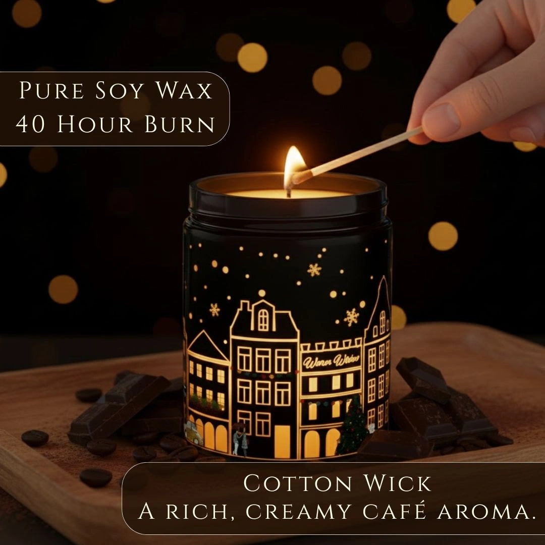 Coffee Chocolate candle in a black jar with premium soy wax, cotton wick, and 40-hour burn time – rich creamy café aroma, available at Shopeezy.