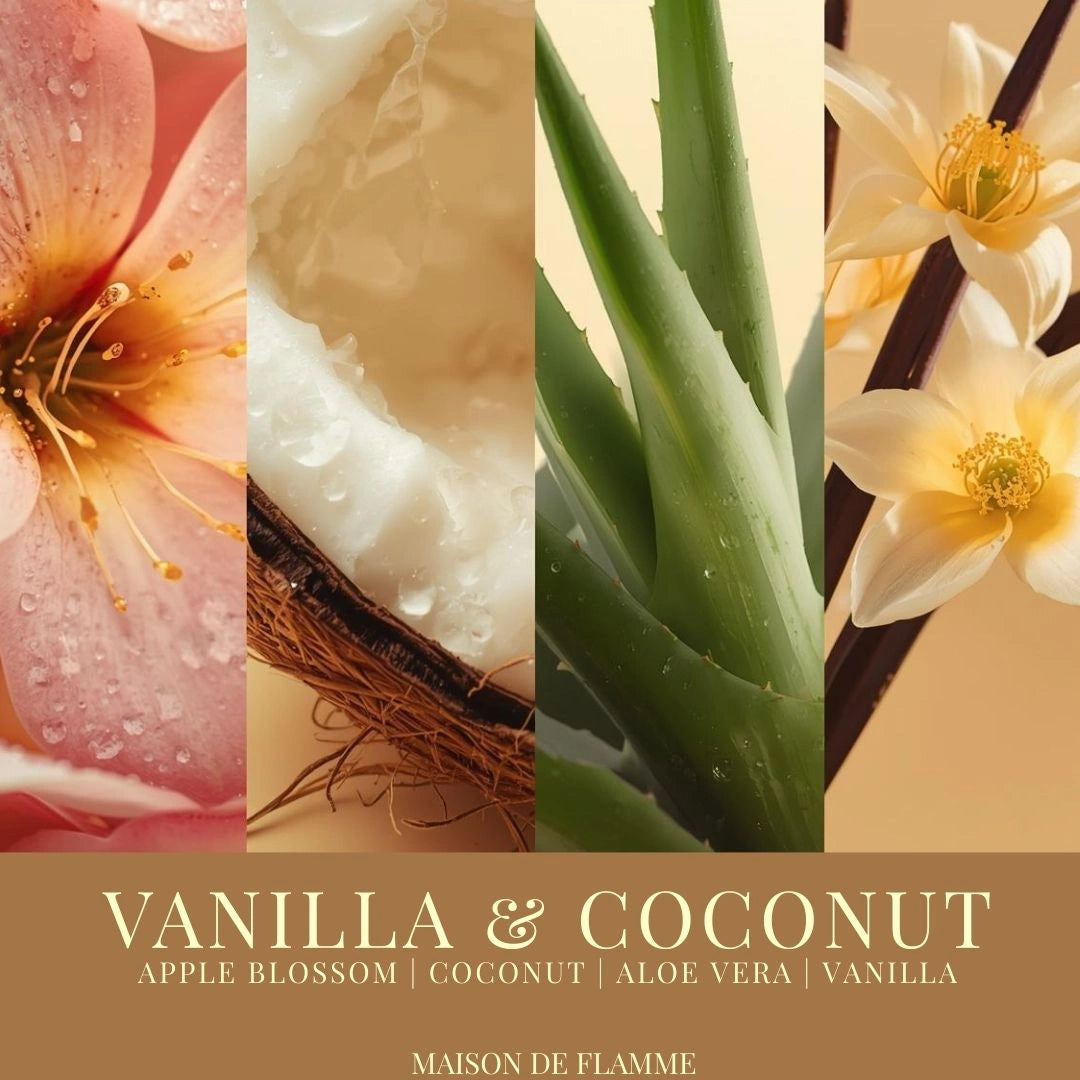 Black Vanilla & Coconut candle with tropical leaves and coconut pieces — creamy vanilla and coconut fragrance notes. - Shopeezy