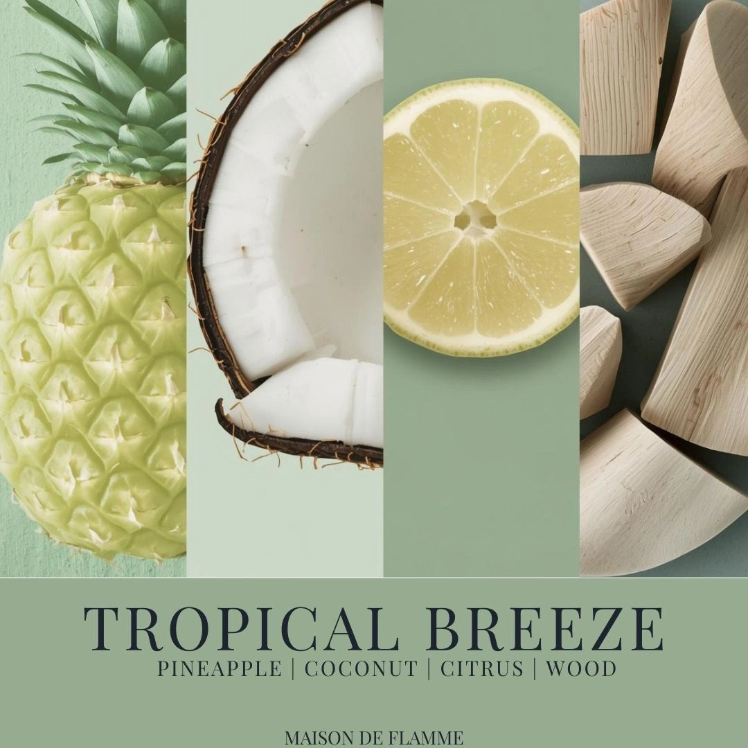 Collage of pineapple, coconut, lemon, and wood with 'Tropical Breeze' text and 'Maison de Flamme' branding. - Shopeezy