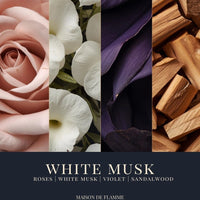 Thumbnail for Black White Musk candle with rose petals, violet accents, and sandalwood chips — clean floral musk fragrance notes.