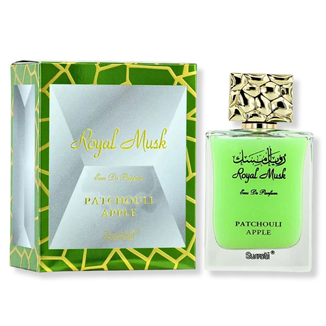 Royal Musk Patchouli Apple perfume bottle with green glass design, fruity luxury fragrance for women and men - Shopeezy