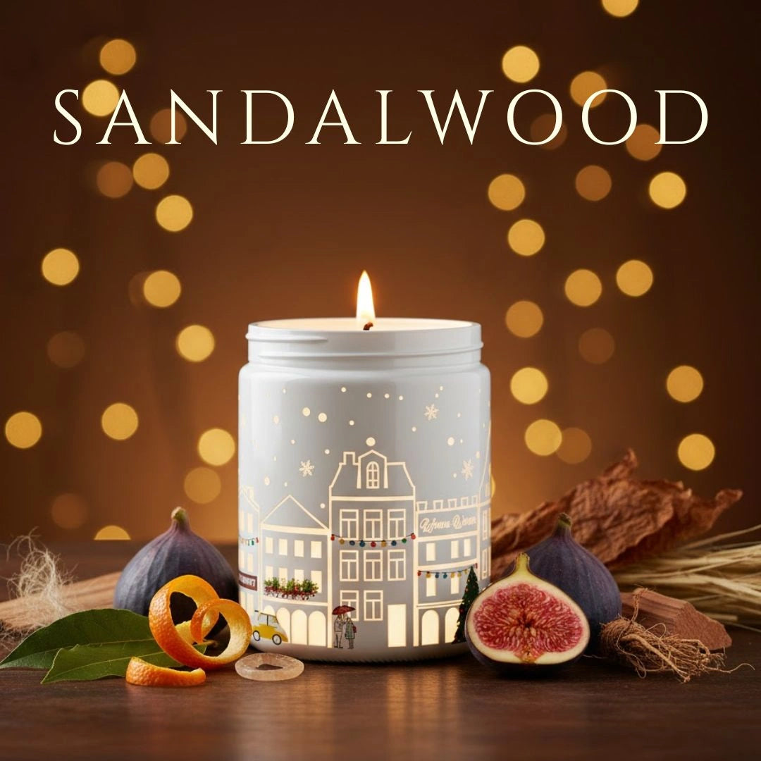 Sandalwood candle glowing with figs, cedarwood, and warm festive décor – rich earthy fragrance, available at Shopeezy.