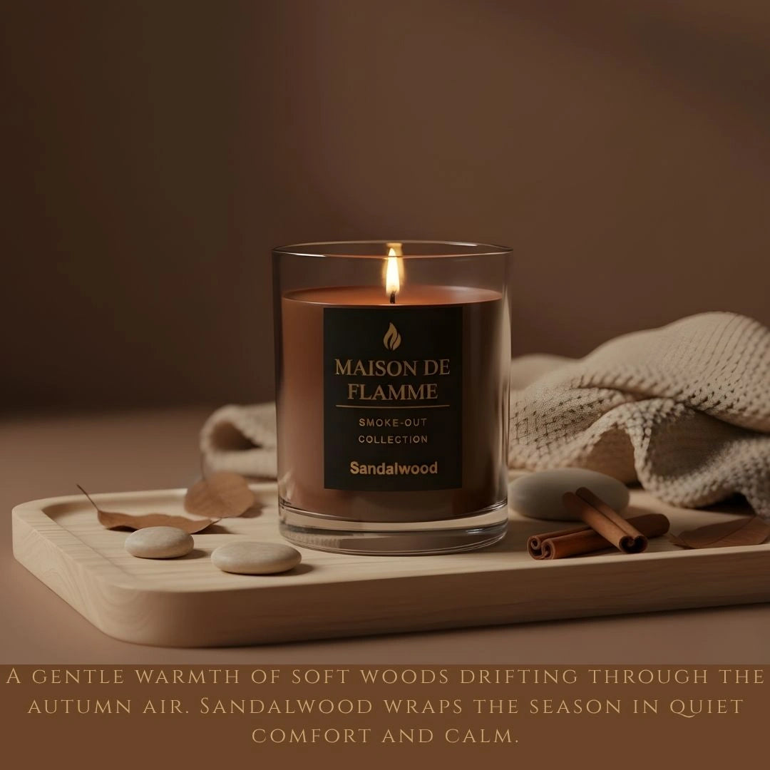 Sandalwood candle on soft fabric with wood elements — warm autumn home fragrance aesthetic.”