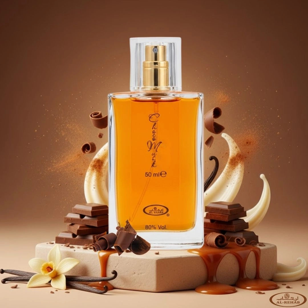Al Rehab Choco Musk perfume bottle displayed in luxury chocolate-themed background, sweet unisex fragrance - Shopeezy