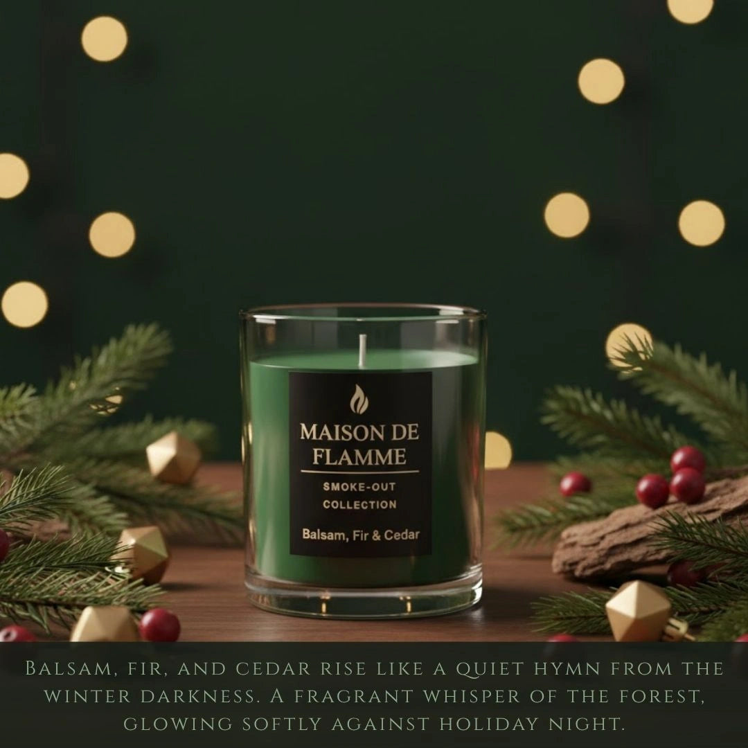 Balsam, Fir & Cedar candle with holiday lights and greenery, warm festive winter fragrance scene.