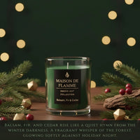 Thumbnail for Balsam, Fir & Cedar candle with holiday lights and greenery, warm festive winter fragrance scene.