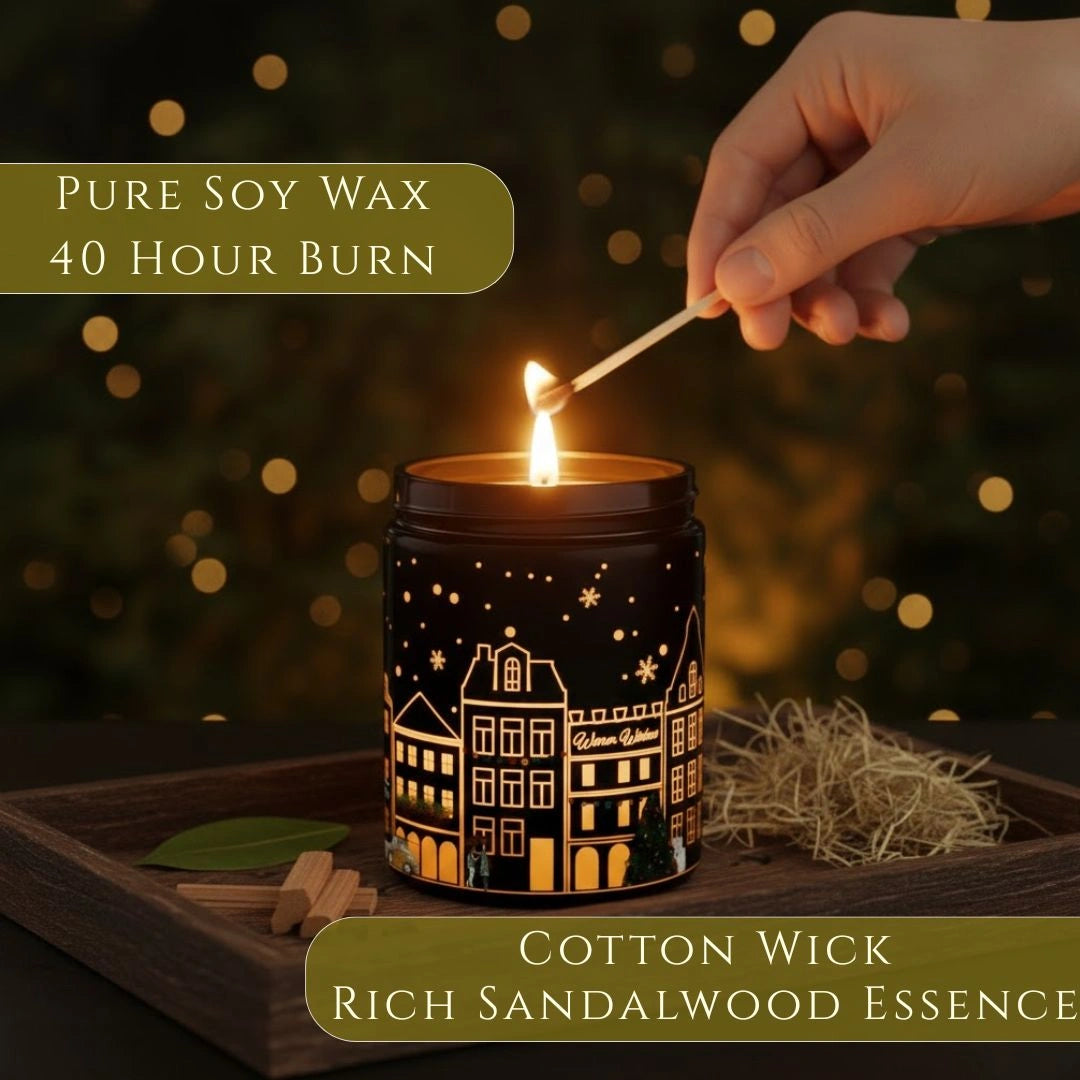 Premium soy wax, cotton wick, 40-hour burn time highlighted on Sandalwood scented candle in holiday setting, available at Shopeezy. Black Candle.