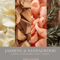 Thumbnail for Jasmine & Sandalwood candle with jasmine petals and sandalwood chips — floral and earthy fragrance notes.